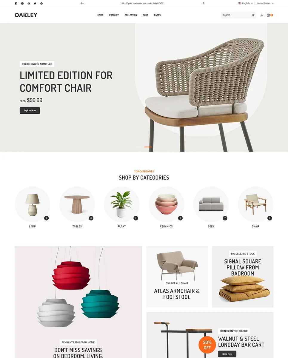 Oakley – Magasin de meubles et de décoration d’intérieur Thème Shopify 2.0 réactif et polyvalent Thème Shopify