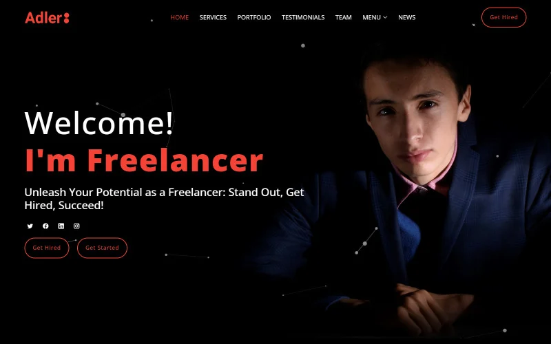 Adler – Modèle de page de destination réactive polyvalente pour portfolio personnel