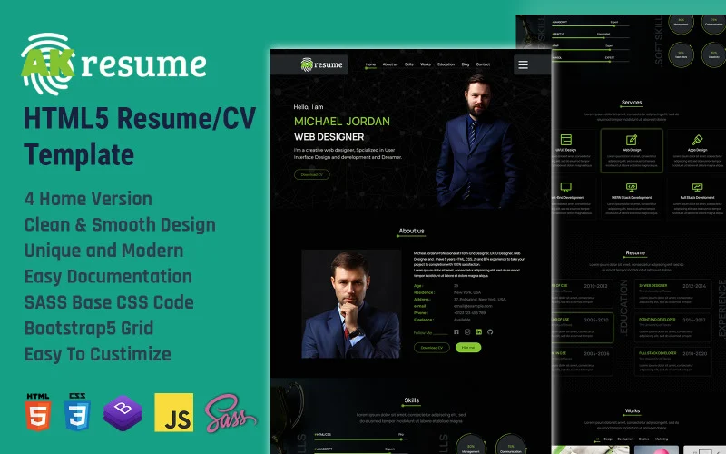 AKresume – Modèle de CV personnel HTML5 Bootstrap 5, page de destination