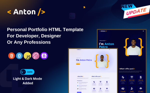 Anton - Modèle HTML de portfolio polyvalent pour développeurs, concepteurs et professionnels créatifs Modèle de site Web