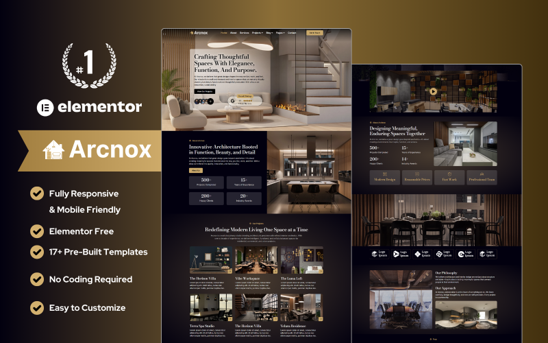 Arcnox – Kit de modèles Elementor pour la conception et l’architecture d’intérieur