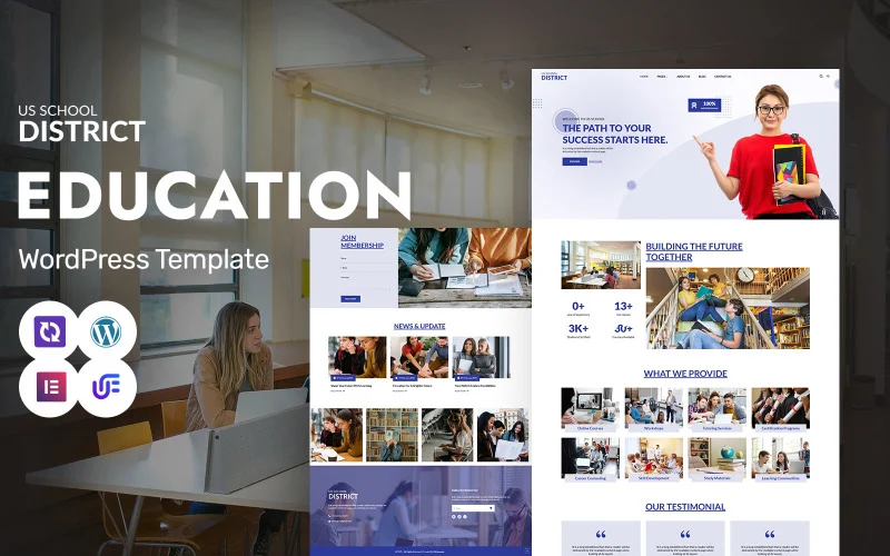 Thème WordPress Elementor pour portail d’apprentissage et d’éducation à distance (US School)